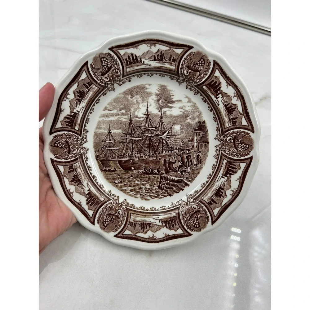 J&G Meakin Americana Style House Boston Tea Party Brown Ironstone Salad Plates 2